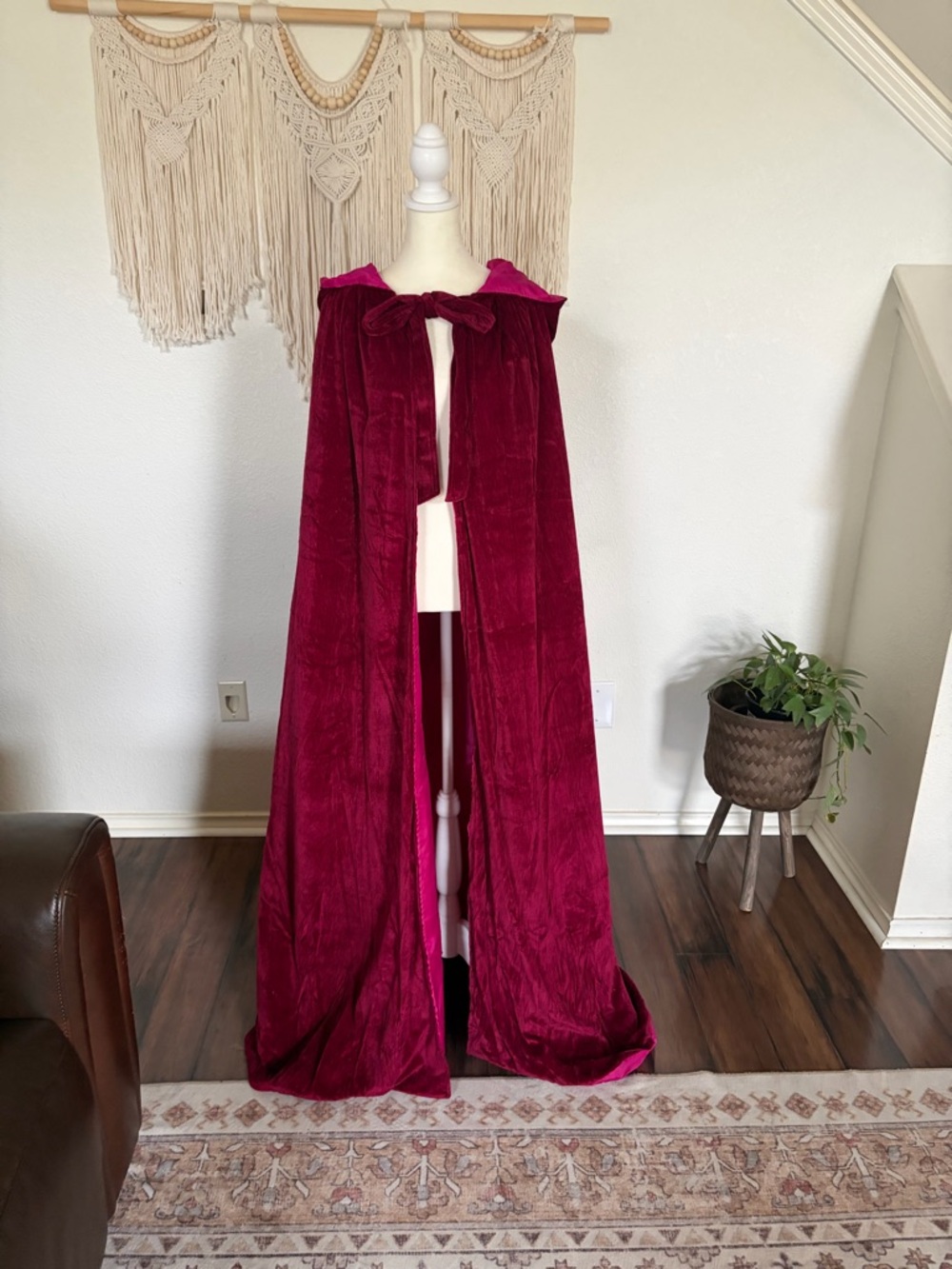 Velvet Hooded Cloak in Deep Burgundy